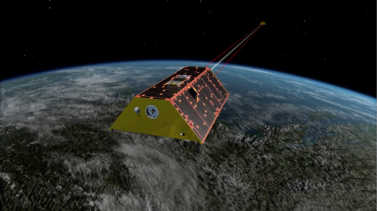 Artist Concept of the GRACE-FO satellites orbiting Earth.