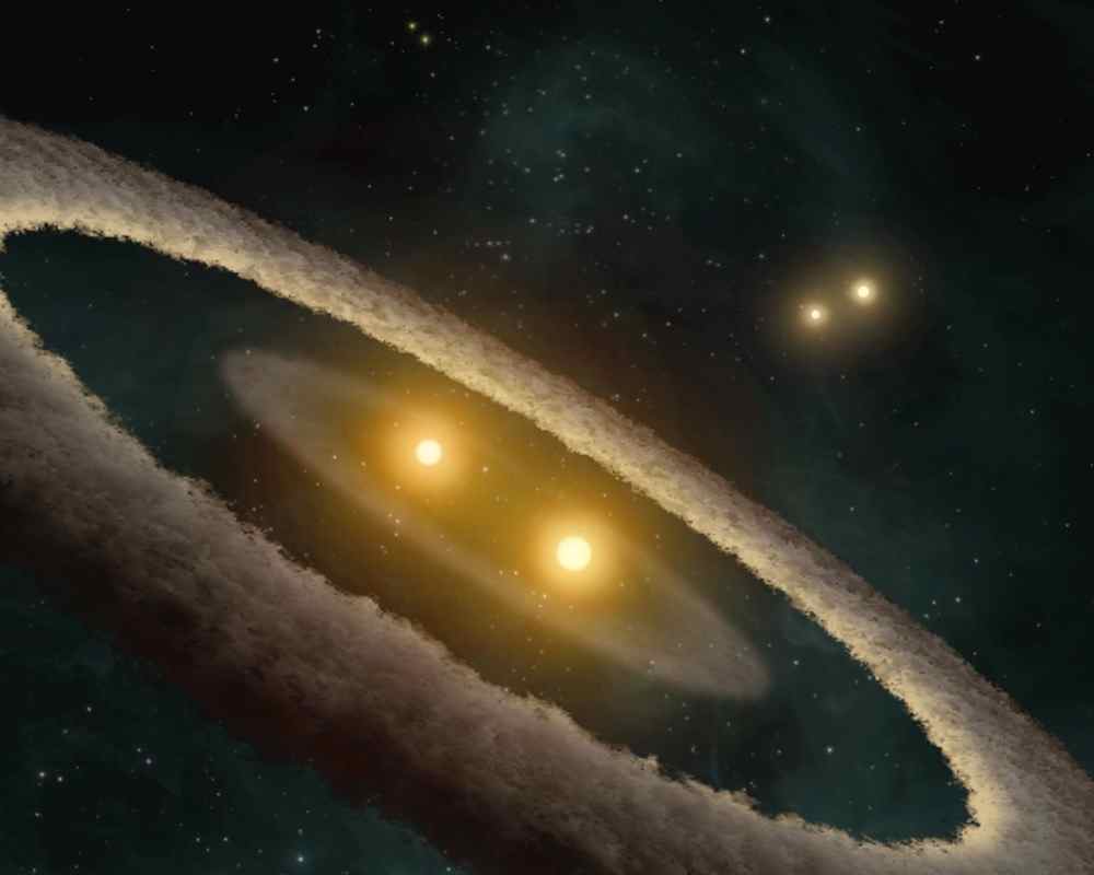 This artist concept based on data from NASA' Spitzer Space Telescope, depicts a quadruple-star system called HD 98800. The system is approximately 10 million years old, and is located 150 light-years away in the constellation TW Hydrae. 