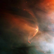 Astronomers using NASA's Hubble Space Telescope have found a bow shock around a very young star in the nearby Orion nebula, an intense star-forming region of gas and dust. 