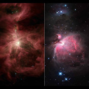 NASA's Spitzer Space Telescope and the National Optical Astronomy Observatory compare infrared and visible views of the famous Orion nebula and its surrounding cloud, an industrious star-making region located near the hunter constellation's sword. 