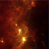 This image composite outlines the region near Orion's sword that was surveyed by NASA's Spitzer Space Telescope (white box). The Orion nebula, our closest massive star-making factory, is the brightest spot near the hunter's sword. 