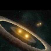 This artist concept based on data from NASA' Spitzer Space Telescope, depicts a quadruple-star system called HD 98800. The system is approximately 10 million years old, and is located 150 light-years away in the constellation TW Hydrae. 