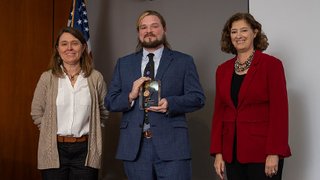 2023 Postdoc Award Ceremony: (left to right) Susan Owen, Austin Green, Laurie Leshin